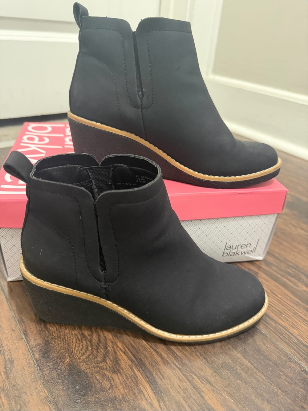 St. John's Bay Black Wedge Ankle Booties with Contrast Trim
